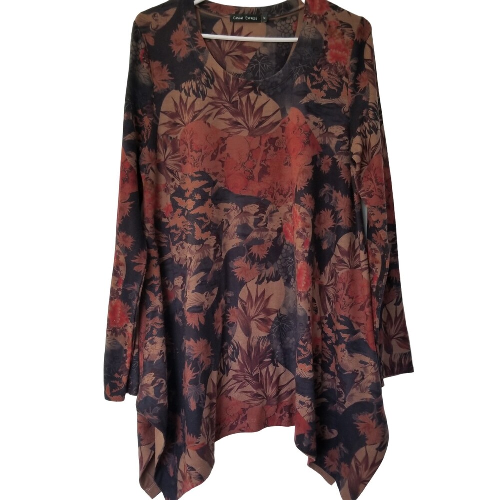 Casual Express Blouse Asymmetrical Brown Floral Leaves